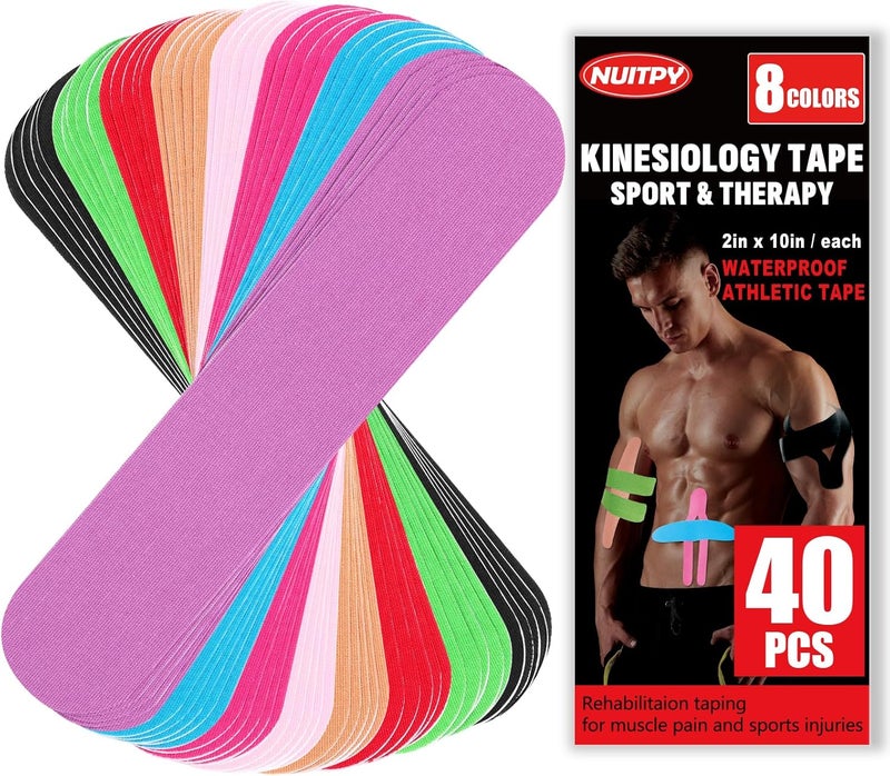 NUITPY 40PCS Precut Kinesiology Tape Strips, 8 Colors 2 inch x 10 inch Cotton Athletic Tape, Kinetic Tape, Elastic Muscle Tape, Sports Tape, Knee Tape for Exercise and Daily Use - Image 1